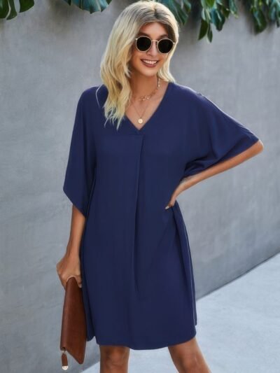 V Neck Solid Short Sleeve Dress V Neck Solid Short Sleeve Dress