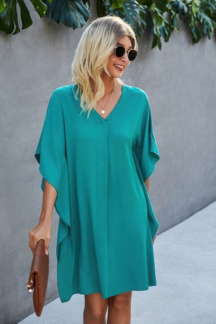 V Neck Solid Short Sleeve Dress - Image 7