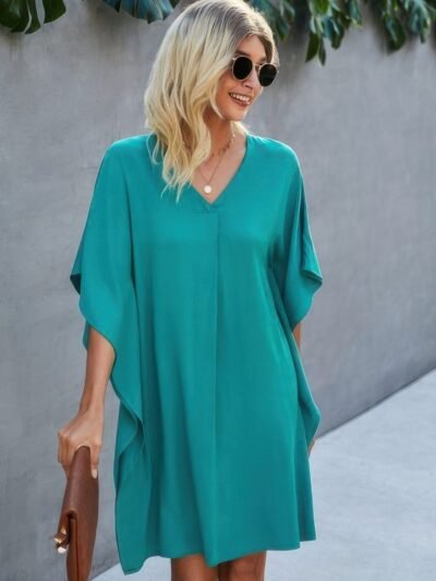 V Neck Solid Short Sleeve Dress V Neck Solid Short Sleeve Dress