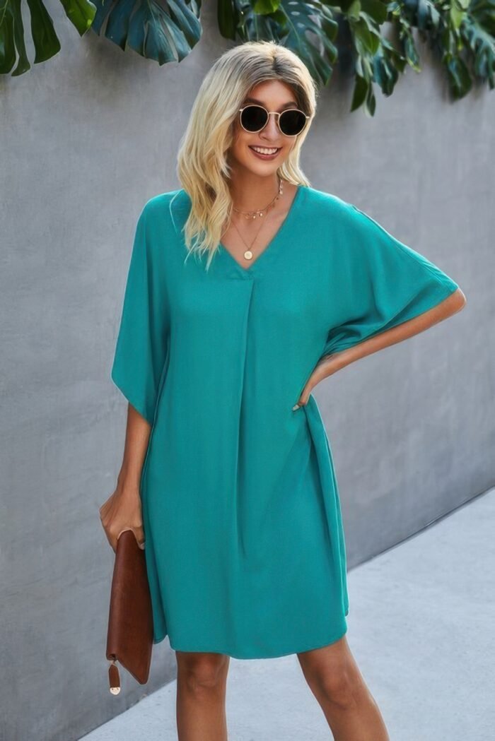 V Neck Solid Short Sleeve Dress - Image 8