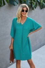 V Neck Solid Short Sleeve Dress