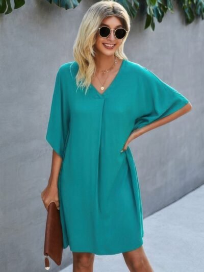 V Neck Solid Short Sleeve Dress V Neck Solid Short Sleeve Dress