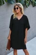V Neck Solid Short Sleeve Dress
