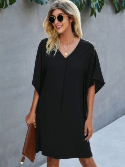 V Neck Solid Short Sleeve Dress V Neck Solid Short Sleeve Dress