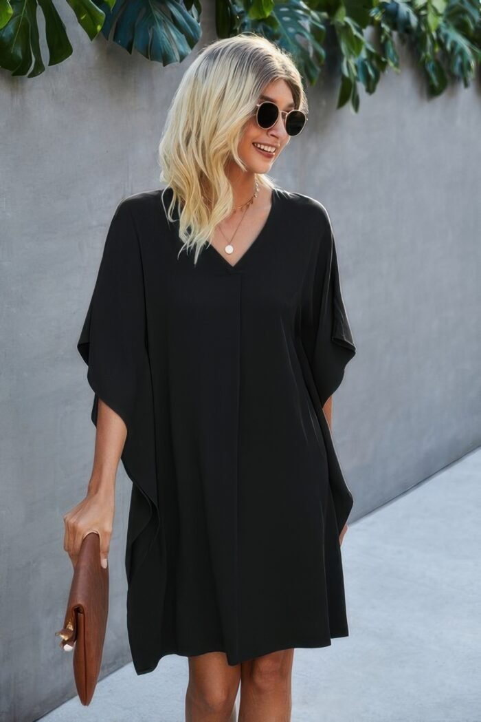 V Neck Solid Short Sleeve Dress - Image 11
