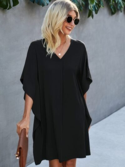 V Neck Solid Short Sleeve Dress V Neck Solid Short Sleeve Dress