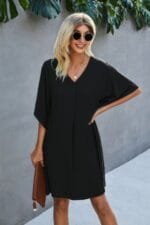 V Neck Solid Short Sleeve Dress