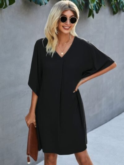 V Neck Solid Short Sleeve Dress V Neck Solid Short Sleeve Dress