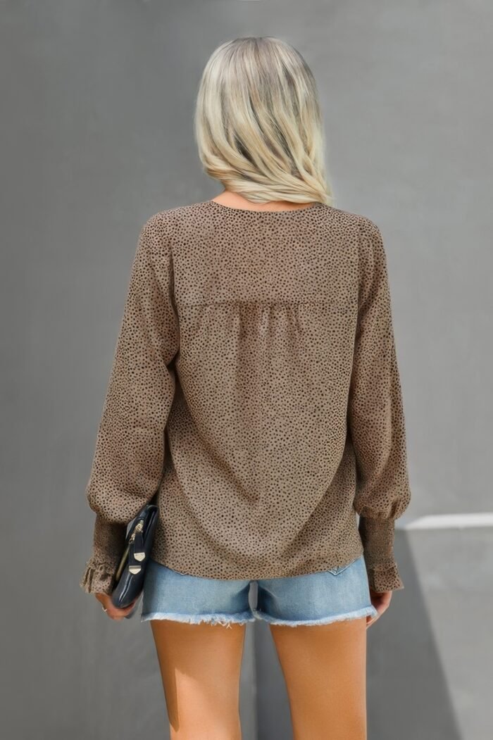 Dot V Neck Loose Fit Ruffle Long Sleeves Blouse - Image 5