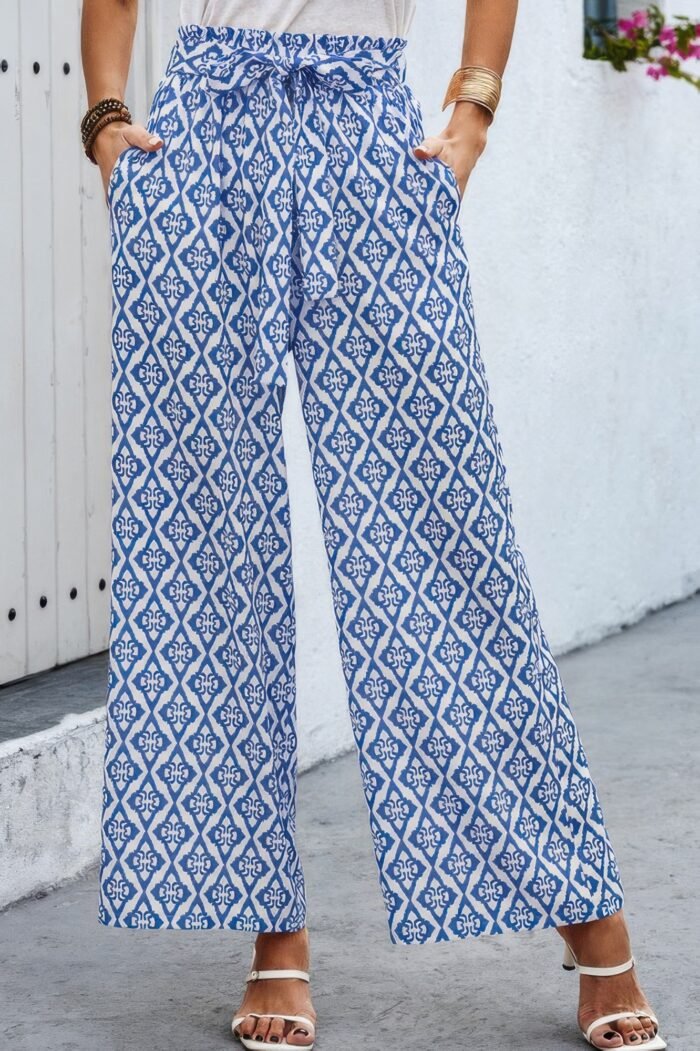Elastic Waist Belt Pockets Wide Leg Pant - Image 1