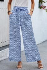 Elastic Waist Belt Pockets Wide Leg Pant