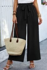 Elastic Waist Belt Pockets Wide Leg Pant