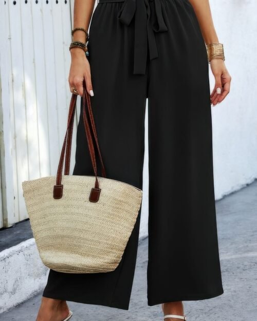 elastic waist belt pockets wide leg pant
