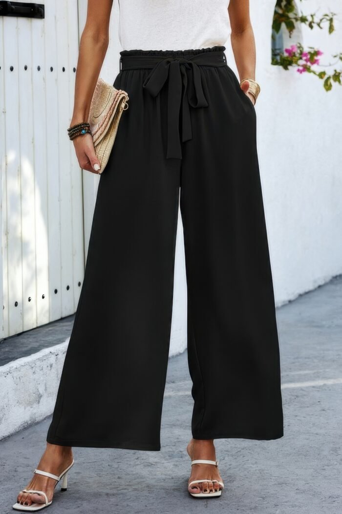Elastic Waist Belt Pockets Wide Leg Pant - Image 8