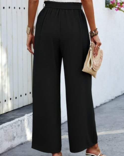 elastic waist belt pockets wide leg pant