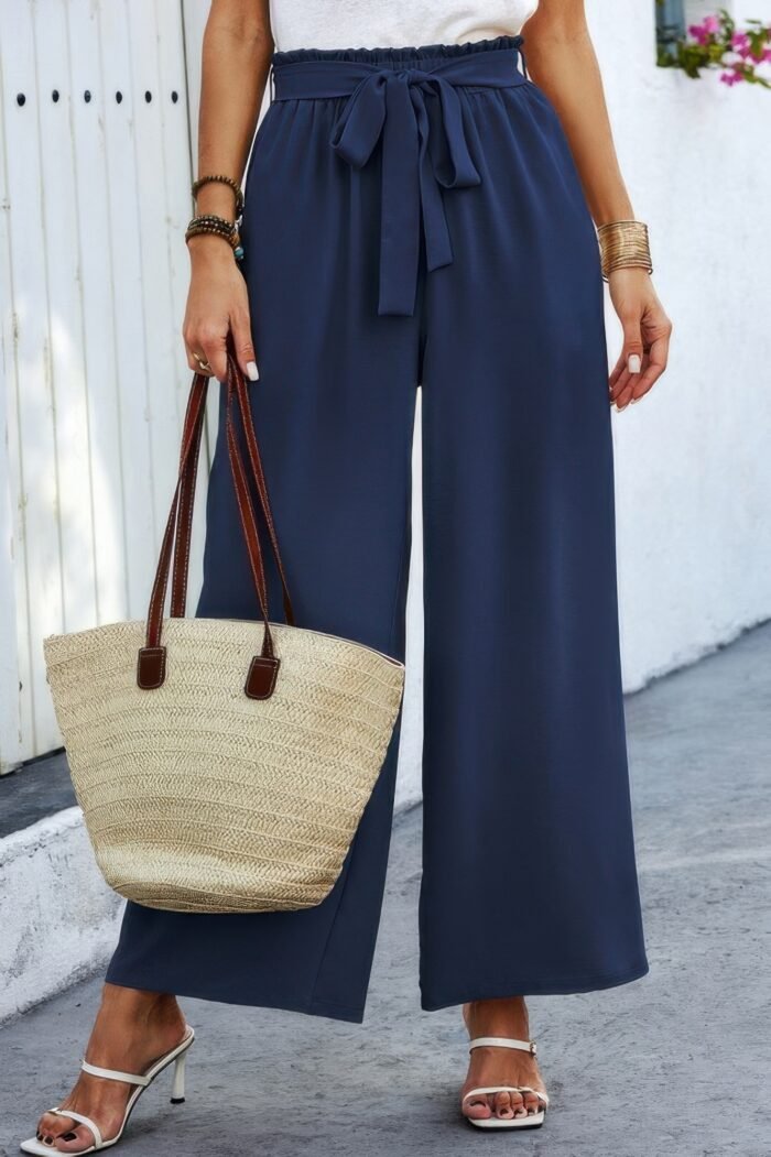 Elastic Waist Belt Pockets Wide Leg Pant - Image 12