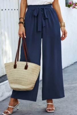 Elastic Waist Belt Pockets Wide Leg Pant Elastic Waist Belt Pockets Wide Leg Pant