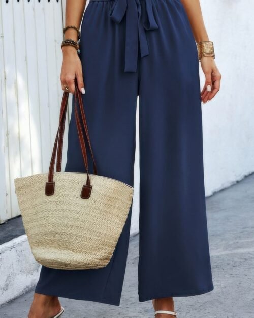 elastic waist belt pockets wide leg pant