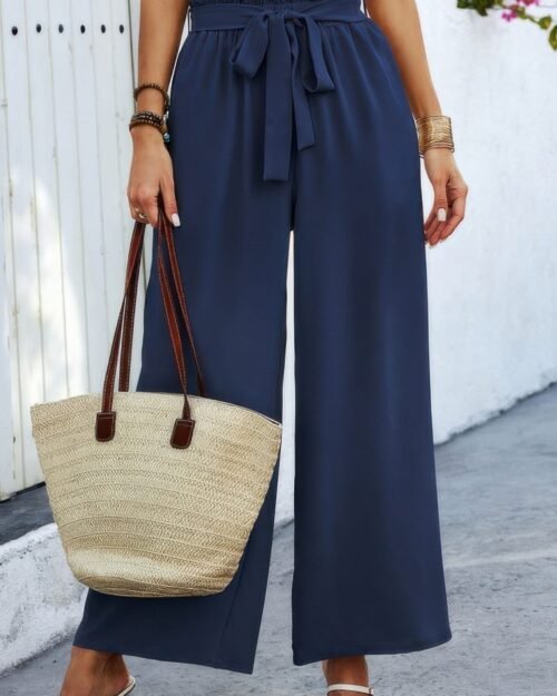 elastic waist belt pockets wide leg pant