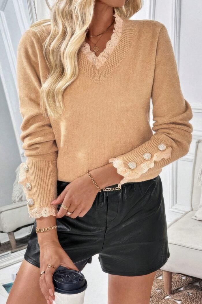 Solid Crew Neck Lace Trim Button Pullover Sweater - Image 3