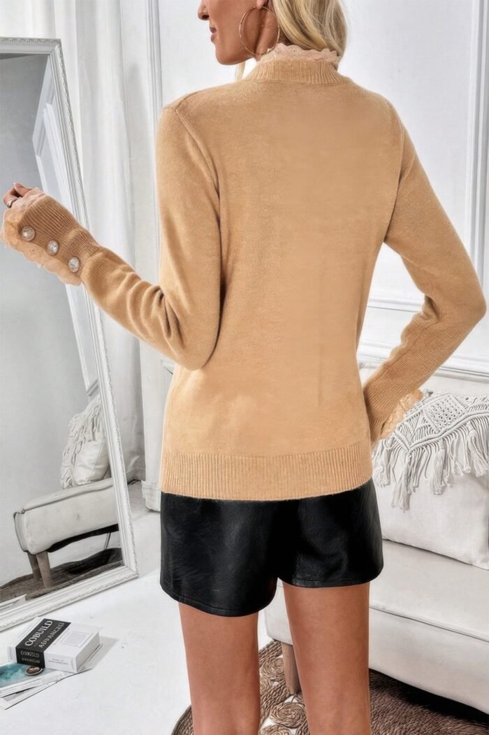 Solid Crew Neck Lace Trim Button Pullover Sweater - Image 6