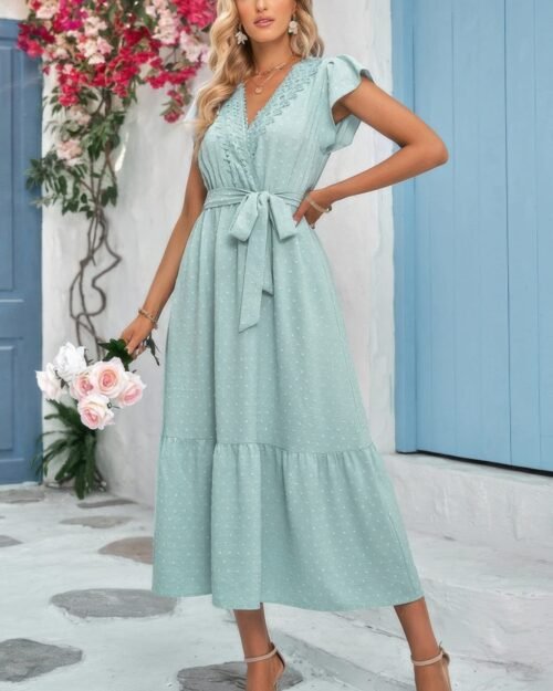 solid deep v dot lace belt long dress