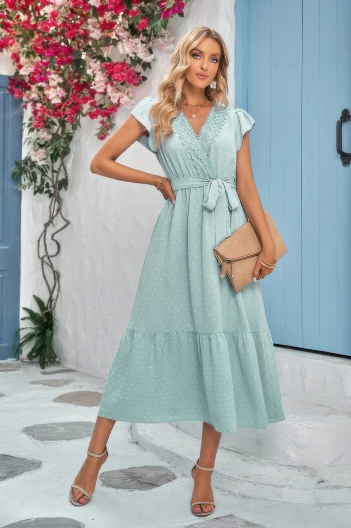Solid Deep V Dot Lace Belt Long Dress - Image 3