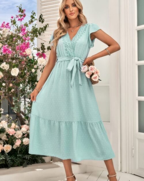 solid deep v dot lace belt long dress