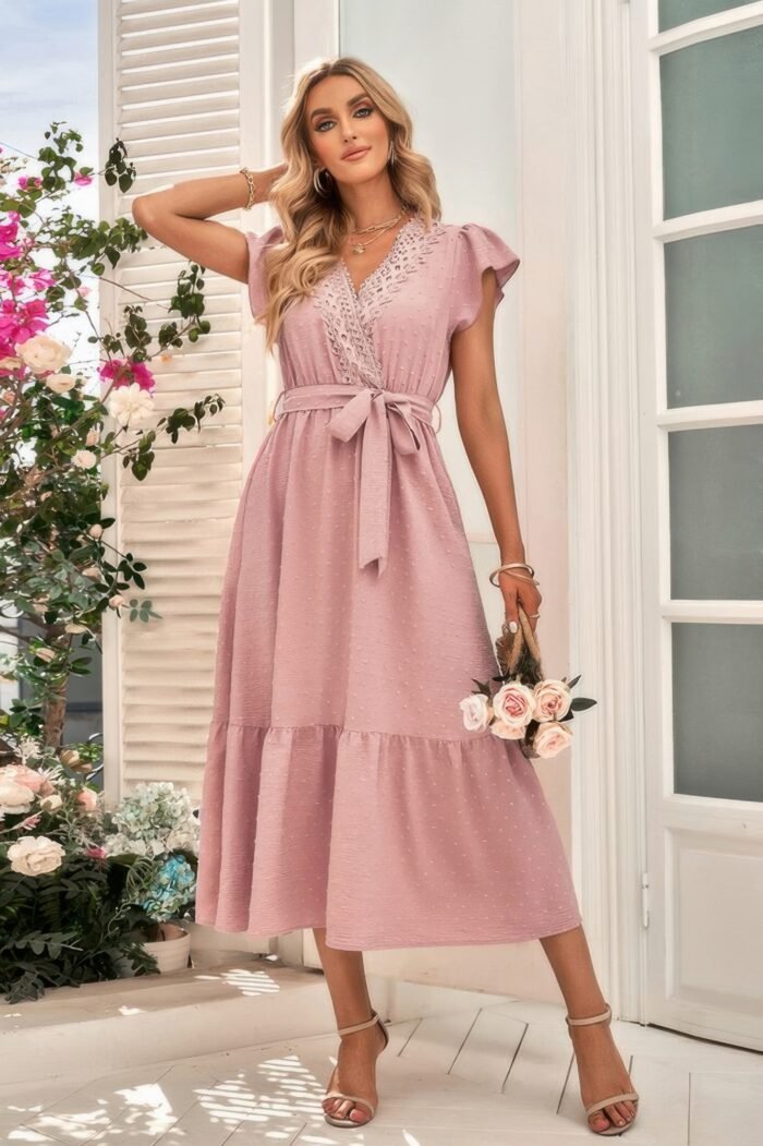 Solid Deep V Dot Lace Belt Long Dress - Image 7