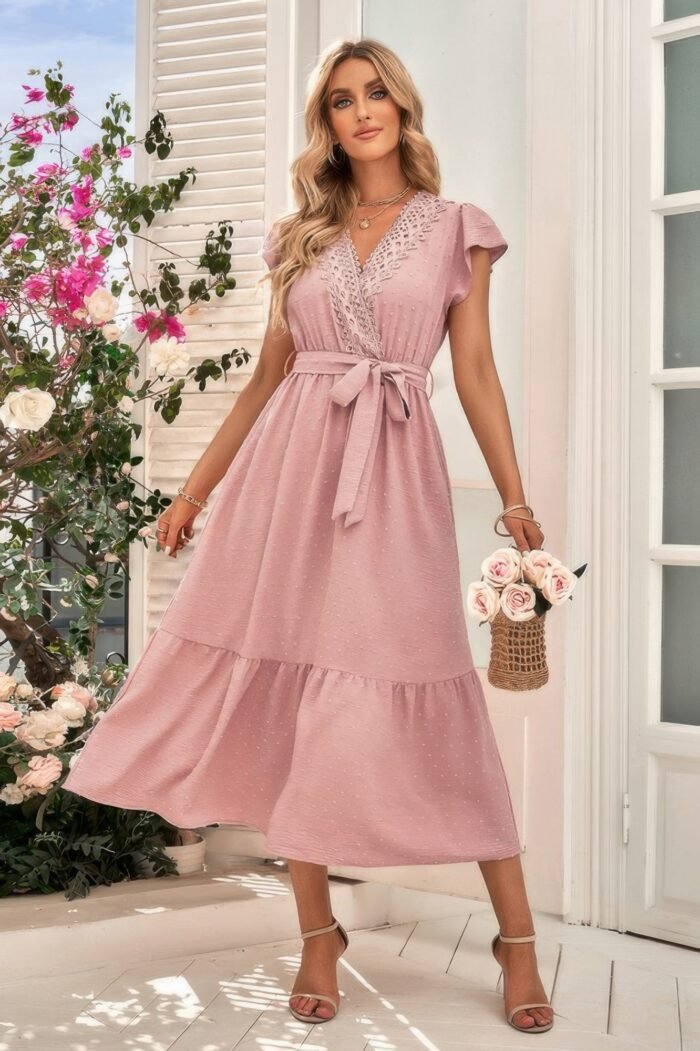 Solid Deep V Dot Lace Belt Long Dress - Image 8