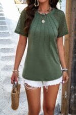 Ruched Solid Hollow Out Sleeves Round Neck Fit Top