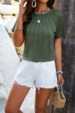 Ruched Solid Hollow Out Sleeves Round Neck Fit Top