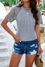 Ruched Solid Hollow Out Sleeves Round Neck Fit Top