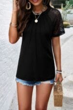 Ruched Solid Hollow Out Sleeves Round Neck Fit Top