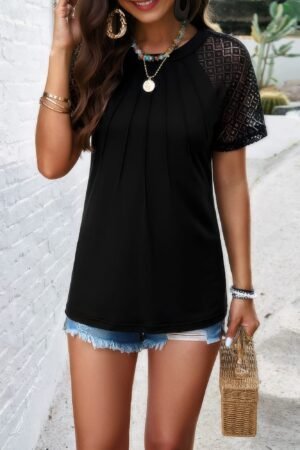 Ruched Solid Hollow Out Sleeves Round Neck Fit Top Ruched Solid Hollow Out Sleeves Round Neck Fit Top
