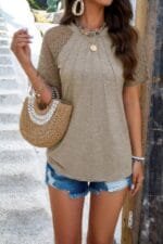 Ruched Solid Hollow Out Sleeves Round Neck Fit Top