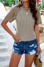 Ruched Solid Hollow Out Sleeves Round Neck Fit Top