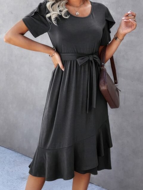 Scoop Neck Short Sleeve Solid Dress