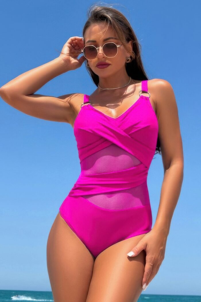 Sleeveless One Piece Cross Lace V Neck Swimsuit - Image 1
