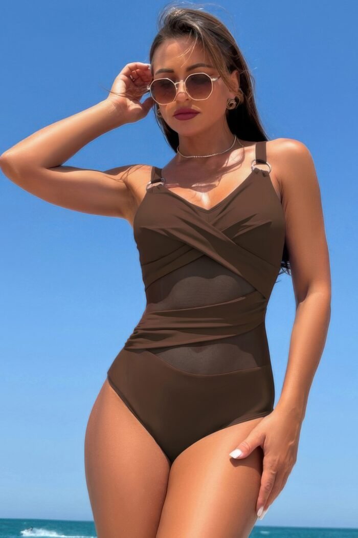 Sleeveless One Piece Cross Lace V Neck Swimsuit - Image 4