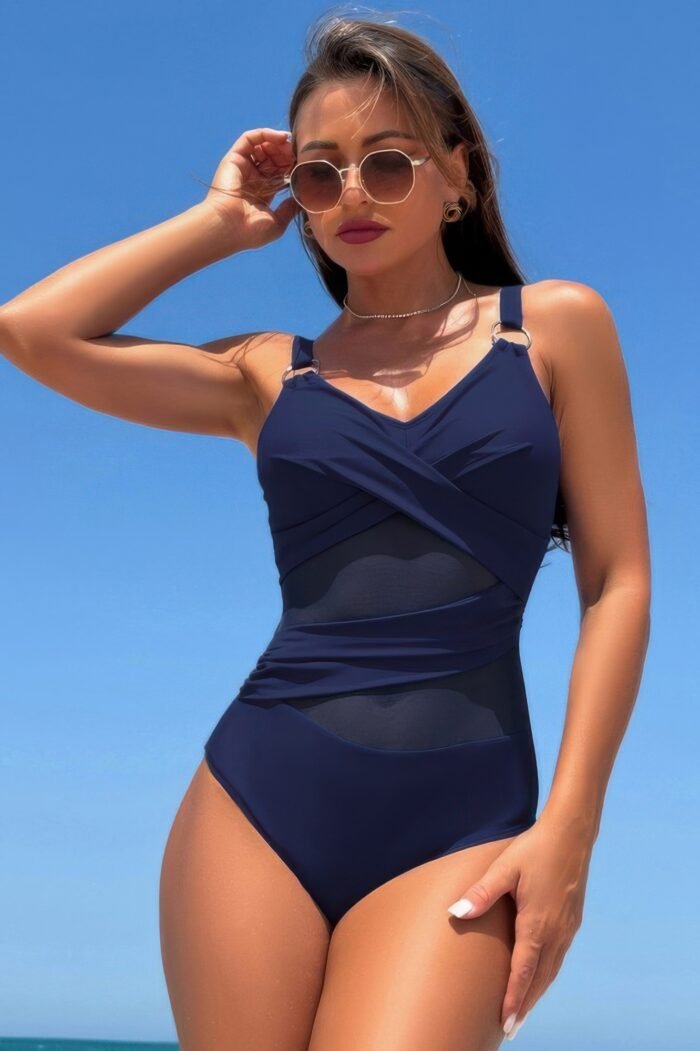 Sleeveless One Piece Cross Lace V Neck Swimsuit - Image 9