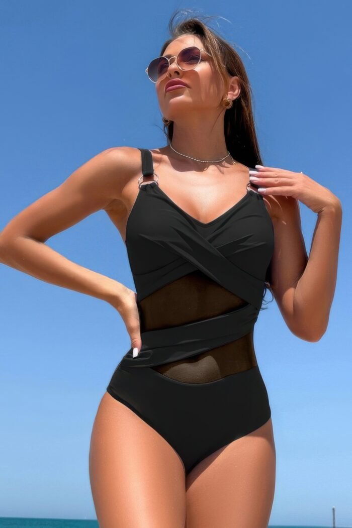 Sleeveless One Piece Cross Lace V Neck Swimsuit - Image 16