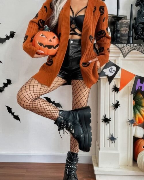 Pumpkin Print Open Front Long Sleeve Cardigan