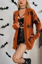 Pumpkin Print Open Front Long Sleeve Cardigan