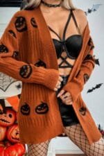Pumpkin Print Open Front Long Sleeve Cardigan