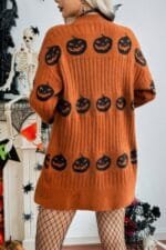 Pumpkin Print Open Front Long Sleeve Cardigan