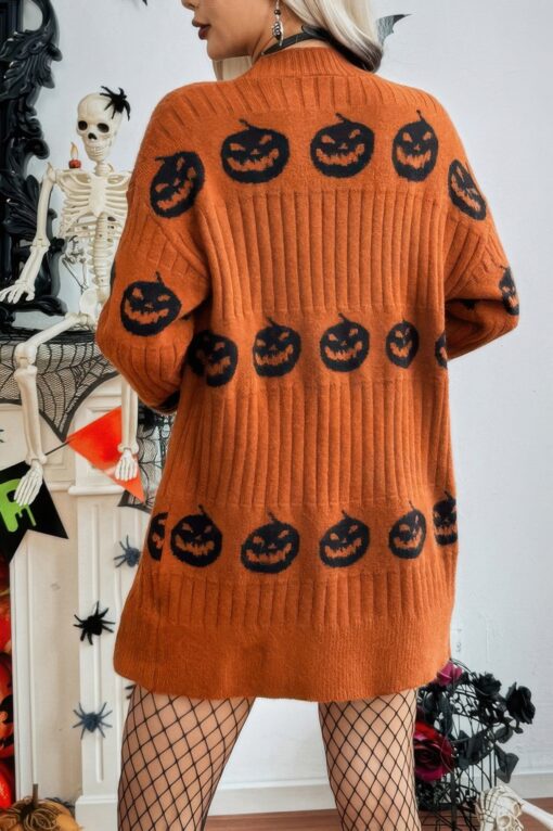 Pumpkin Print Open Front Long Sleeve Cardigan - Image 4