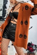 Pumpkin Print Open Front Long Sleeve Cardigan