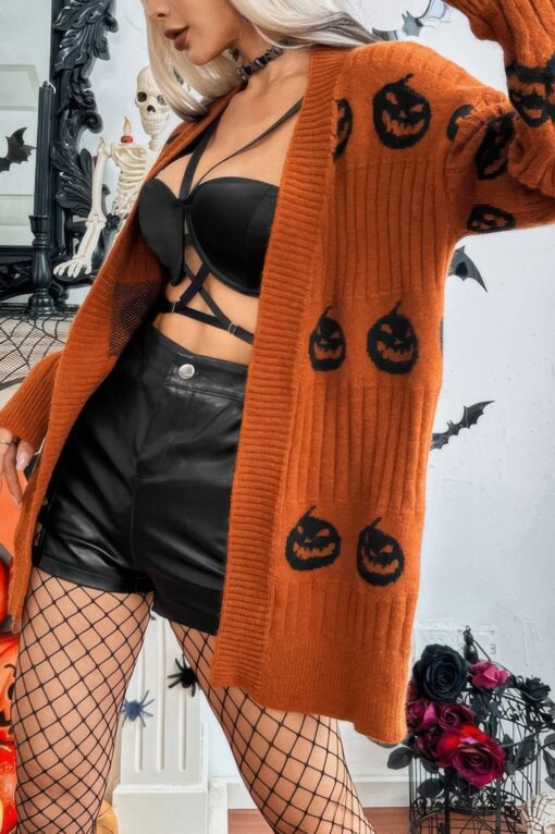 Pumpkin Print Open Front Long Sleeve Cardigan - Image 5