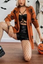 Pumpkin Print Open Front Long Sleeve Cardigan